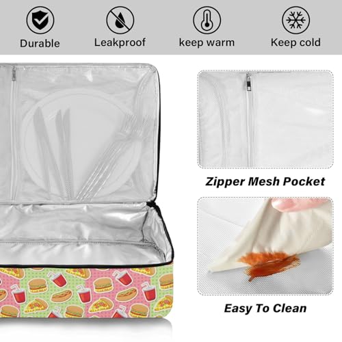 Kcldeci Insulated Thermal Food Carrier Insulated Casserole Carrier for Hot or Cold Food,Cartoon Pizza Burgers and Hot Dogs Insulated Tote Bag for Potluck Cookouts Parties Picnic,Lasagna Lugger