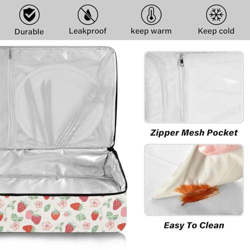 Kcldeci Insulated Thermal Food Carrier Insulated Casserole Carrier for Hot or Cold Food,Strawberry Leaves Flowers Insulated Tote Bag for Potluck Cookouts Parties Picnic,Lasagna Lugger