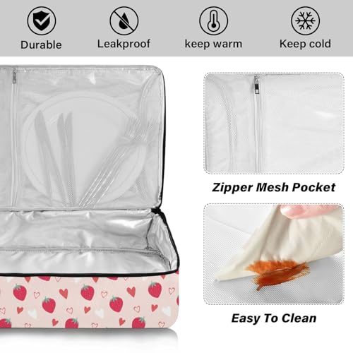 Kcldeci Insulated Thermal Food Carrier Insulated Casserole Carrier for Hot or Cold Food,Red Strawberry and Heart Insulated Tote Bag for Potluck Cookouts Parties Picnic,Lasagna Lugger