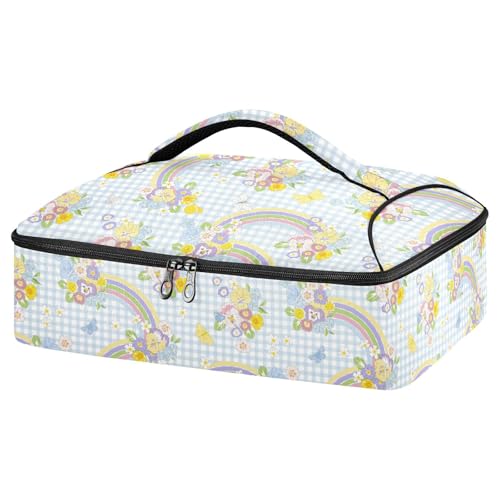 Kcldeci Insulated Thermal Food Carrier Insulated Casserole Carrier for Hot or Cold Food,Butterfly Rainbow on Gingham Plaid Insulated Tote Bag for Potluck Cookouts Parties Picnic,Lasagna Lugger