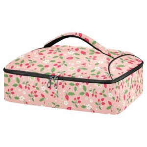 kcldeci insulated thermal food carrier insulated casserole carrier for hot or cold food,strawberries on pink insulated tote bag for potluck cookouts parties picnic,lasagna lugger