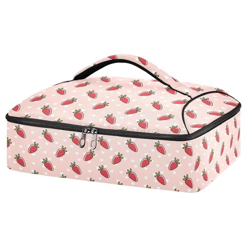 Kcldeci Insulated Thermal Food Carrier Insulated Casserole Carrier for Hot or Cold Food,Strawberry on A Pink Hearts Insulated Tote Bag for Potluck Cookouts Parties Picnic,Lasagna Lugger