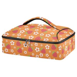 kcldeci insulated thermal food carrier insulated casserole carrier for hot or cold food,flowers and strawberries on orange insulated tote bag for potluck cookouts parties picnic,lasagna lugger