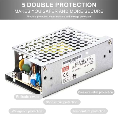 TorqCali EPS-65-12-C 65W Single Output Switching Power Supply 12V 5.42A, 86% Efficiency, Universal AC Input, for Automation, Test & Measurement, and Industrial Applications