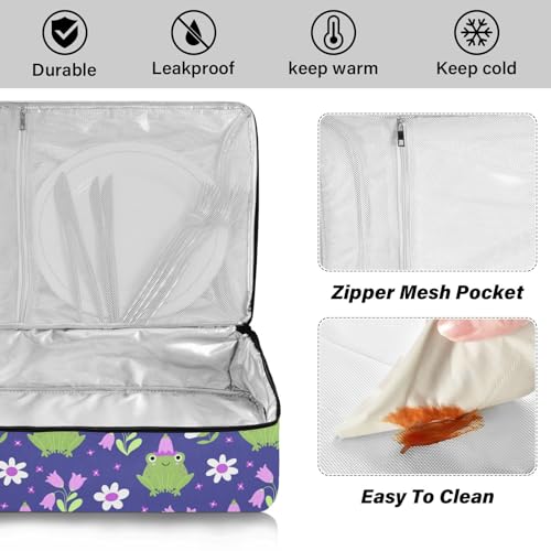 Kcldeci Insulated Thermal Food Carrier Insulated Casserole Carrier for Hot or Cold Food,Frogs with Flowers Bells Daisies Insulated Tote Bag for Potluck Cookouts Parties Picnic,Lasagna Lugger