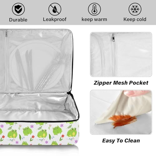 Kcldeci Insulated Thermal Food Carrier Insulated Casserole Carrier for Hot or Cold Food,Cute Green Frogs Insulated Tote Bag for Potluck Cookouts Parties Picnic,Lasagna Lugger