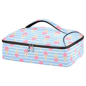 kcldeci insulated thermal food carrier insulated casserole carrier for hot or cold food,pink ice cream blue striped insulated tote bag for potluck cookouts parties picnic,lasagna lugger