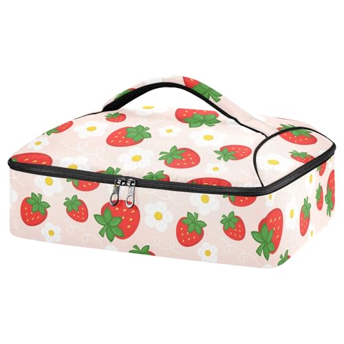 Kcldeci Insulated Thermal Food Carrier Insulated Casserole Carrier for Hot or Cold Food,Flowers and Strawberries on A Pink Insulated Tote Bag for Potluck Cookouts Parties Picnic,Lasagna Lugger