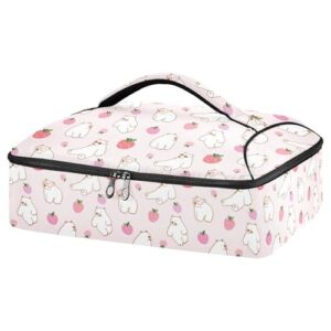 kcldeci insulated thermal food carrier insulated casserole carrier for hot or cold food,cartoon white bear and strawberry insulated tote bag for potluck cookouts parties picnic,lasagna lugger