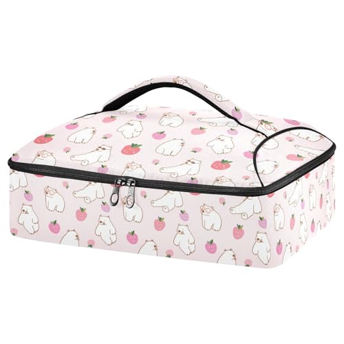 Kcldeci Insulated Thermal Food Carrier Insulated Casserole Carrier for Hot or Cold Food,Cartoon White Bear and Strawberry Insulated Tote Bag for Potluck Cookouts Parties Picnic,Lasagna Lugger