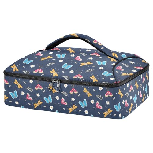 Kcldeci Insulated Thermal Food Carrier Insulated Casserole Carrier for Hot or Cold Food,Butterfly on Navy Insulated Tote Bag for Potluck Cookouts Parties Picnic,Lasagna Lugger