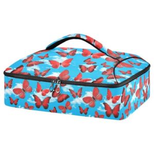 kcldeci insulated thermal food carrier insulated casserole carrier for hot or cold food,red butterflies blue sky insulated tote bag for potluck cookouts parties picnic,lasagna lugger