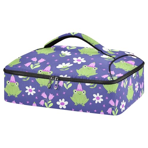 Kcldeci Insulated Thermal Food Carrier Insulated Casserole Carrier for Hot or Cold Food,Frogs with Flowers Bells Daisies Insulated Tote Bag for Potluck Cookouts Parties Picnic,Lasagna Lugger