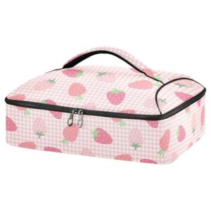 kcldeci insulated thermal food carrier insulated casserole carrier for hot or cold food,strawberry on checkered (2) insulated tote bag for potluck cookouts parties picnic,lasagna lugger