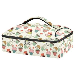 kcldeci insulated thermal food carrier insulated casserole carrier for hot or cold food,cartoon cupcakes on polka dot insulated tote bag for potluck cookouts parties picnic,lasagna lugger