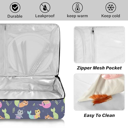 Kcldeci Insulated Thermal Food Carrier Insulated Casserole Carrier for Hot or Cold Food,Cute Mermaid Cats Insulated Tote Bag for Potluck Cookouts Parties Picnic,Lasagna Lugger