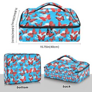 Kcldeci Insulated Thermal Food Carrier Insulated Casserole Carrier for Hot or Cold Food,Red Butterflies Blue Sky Insulated Tote Bag for Potluck Cookouts Parties Picnic,Lasagna Lugger