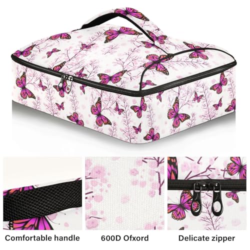 Kcldeci Insulated Thermal Food Carrier Insulated Casserole Carrier for Hot or Cold Food,Small Pink Flowers with Butterflies Insulated Tote Bag for Potluck Cookouts Parties Picnic,Lasagna Lugger