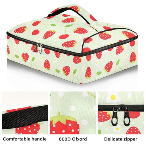 Kcldeci Insulated Thermal Food Carrier Insulated Casserole Carrier for Hot or Cold Food,Strawberry and Cherry Insulated Tote Bag for Potluck Cookouts Parties Picnic,Lasagna Lugger