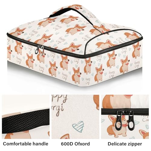 Kcldeci Insulated Thermal Food Carrier Insulated Casserole Carrier for Hot or Cold Food,Dog Happy Corgi Insulated Tote Bag for Potluck Cookouts Parties Picnic,Lasagna Lugger