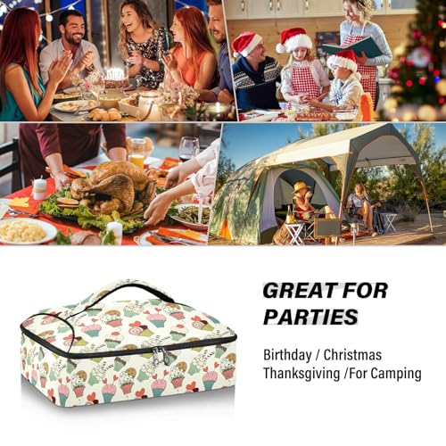 Kcldeci Insulated Thermal Food Carrier Insulated Casserole Carrier for Hot or Cold Food,Cartoon Cupcakes on Polka Dot Insulated Tote Bag for Potluck Cookouts Parties Picnic,Lasagna Lugger