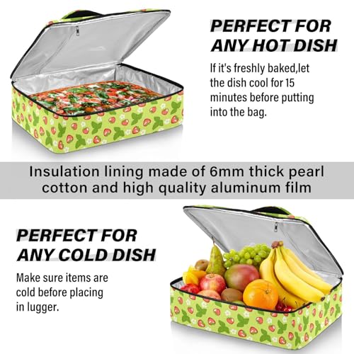 Kcldeci Insulated Thermal Food Carrier Insulated Casserole Carrier for Hot or Cold Food,Strawberries and White Flowers Insulated Tote Bag for Potluck Cookouts Parties Picnic,Lasagna Lugger