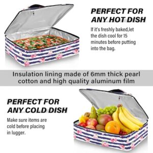 Kcldeci Insulated Thermal Food Carrier Insulated Casserole Carrier for Hot or Cold Food,Navy Striped Red Bows Insulated Tote Bag for Potluck Cookouts Parties Picnic,Lasagna Lugger