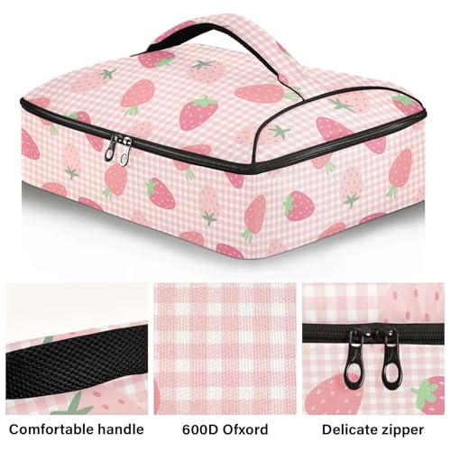 Kcldeci Insulated Thermal Food Carrier Insulated Casserole Carrier for Hot or Cold Food,Strawberry on Checkered (2) Insulated Tote Bag for Potluck Cookouts Parties Picnic,Lasagna Lugger