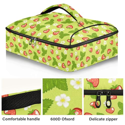 Kcldeci Insulated Thermal Food Carrier Insulated Casserole Carrier for Hot or Cold Food,Strawberries and White Flowers Insulated Tote Bag for Potluck Cookouts Parties Picnic,Lasagna Lugger