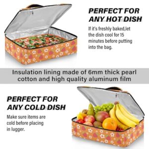 Kcldeci Insulated Thermal Food Carrier Insulated Casserole Carrier for Hot or Cold Food,Flowers and Strawberries on Orange Insulated Tote Bag for Potluck Cookouts Parties Picnic,Lasagna Lugger