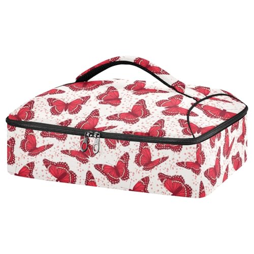 Kcldeci Insulated Thermal Food Carrier Insulated Casserole Carrier for Hot or Cold Food,Red Butterflies (2) Insulated Tote Bag for Potluck Cookouts Parties Picnic,Lasagna Lugger