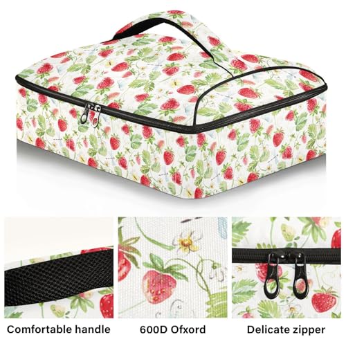 Kcldeci Insulated Thermal Food Carrier Insulated Casserole Carrier for Hot or Cold Food,Strawberry Insulated Tote Bag for Potluck Cookouts Parties Picnic,Lasagna Lugger