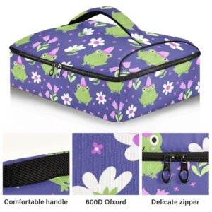 Kcldeci Insulated Thermal Food Carrier Insulated Casserole Carrier for Hot or Cold Food,Frogs with Flowers Bells Daisies Insulated Tote Bag for Potluck Cookouts Parties Picnic,Lasagna Lugger