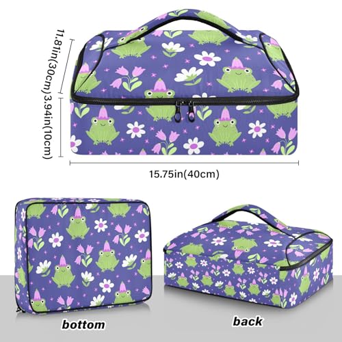 Kcldeci Insulated Thermal Food Carrier Insulated Casserole Carrier for Hot or Cold Food,Frogs with Flowers Bells Daisies Insulated Tote Bag for Potluck Cookouts Parties Picnic,Lasagna Lugger