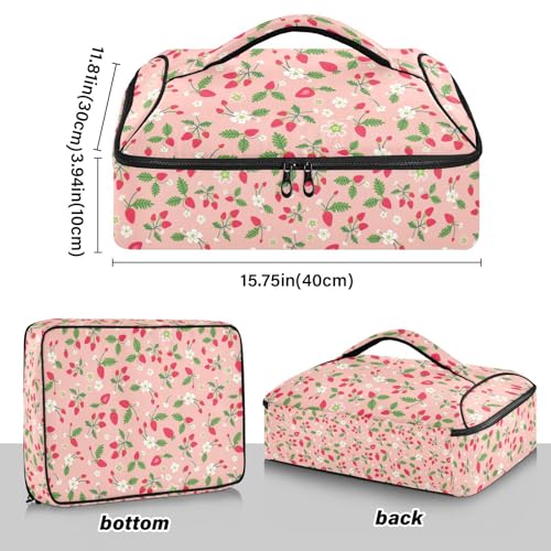 Kcldeci Insulated Thermal Food Carrier Insulated Casserole Carrier for Hot or Cold Food,Strawberries on Pink Insulated Tote Bag for Potluck Cookouts Parties Picnic,Lasagna Lugger