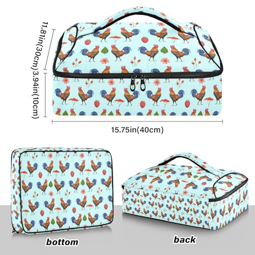 Kcldeci Insulated Thermal Food Carrier Insulated Casserole Carrier for Hot or Cold Food,Roosters Berries Insulated Tote Bag for Potluck Cookouts Parties Picnic,Lasagna Lugger