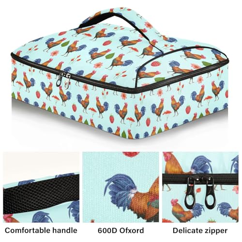 Kcldeci Insulated Thermal Food Carrier Insulated Casserole Carrier for Hot or Cold Food,Roosters Berries Insulated Tote Bag for Potluck Cookouts Parties Picnic,Lasagna Lugger