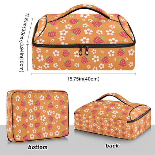 Kcldeci Insulated Thermal Food Carrier Insulated Casserole Carrier for Hot or Cold Food,Flowers and Strawberries on Orange Insulated Tote Bag for Potluck Cookouts Parties Picnic,Lasagna Lugger