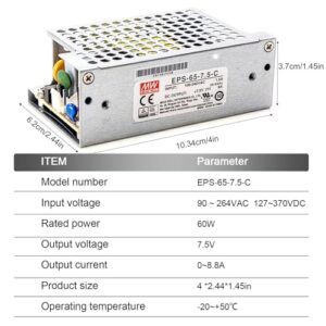 TorqCali EPS-65-7.5-C 65W Single Output Switching Power Supply 7.5V 8.68A, 84% Efficiency, Universal AC Input, Enclosed Type, for Robotics, Automation, and Industrial Applications