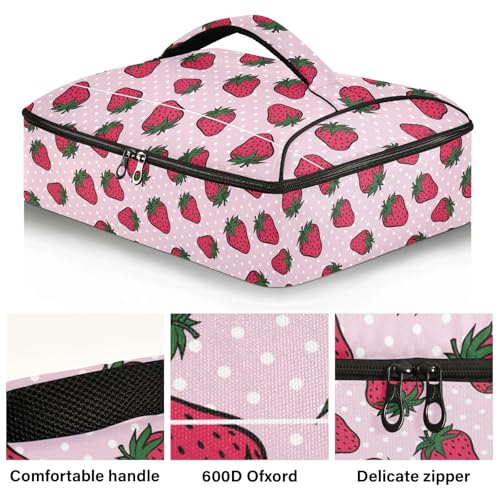 Kcldeci Insulated Thermal Food Carrier Insulated Casserole Carrier for Hot or Cold Food,Red Strawberries with Dot Polka Insulated Tote Bag for Potluck Cookouts Parties Picnic,Lasagna Lugger