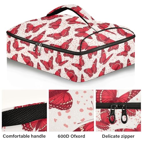 Kcldeci Insulated Thermal Food Carrier Insulated Casserole Carrier for Hot or Cold Food,Red Butterflies (2) Insulated Tote Bag for Potluck Cookouts Parties Picnic,Lasagna Lugger