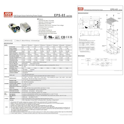 TorqCali EPS-65-24-C 65W Single Output Switching Power Supply 24V 2.71A, 88% Efficiency, Universal AC Input, Enclosed Type, for Automation, Test & Measurement, and Industrial Applications