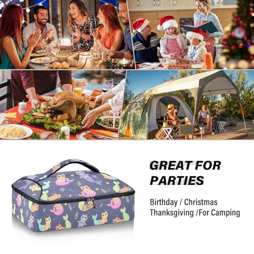 Kcldeci Insulated Thermal Food Carrier Insulated Casserole Carrier for Hot or Cold Food,Cute Mermaid Cats Insulated Tote Bag for Potluck Cookouts Parties Picnic,Lasagna Lugger