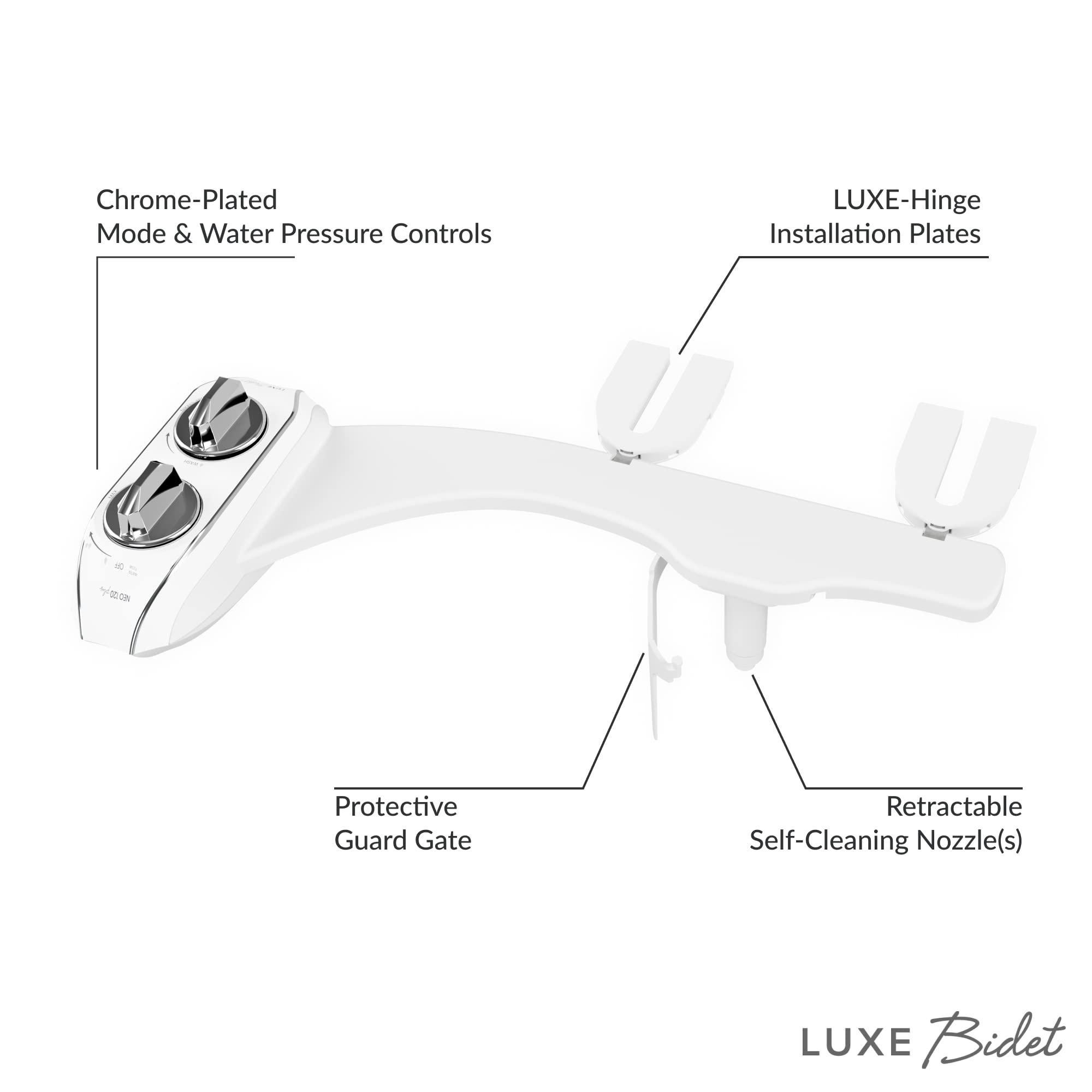 LUXE Bidet NEO Plus 120 Chrome, Toilet Seat Bumpers, and Shut-off T-Adapter Bundle