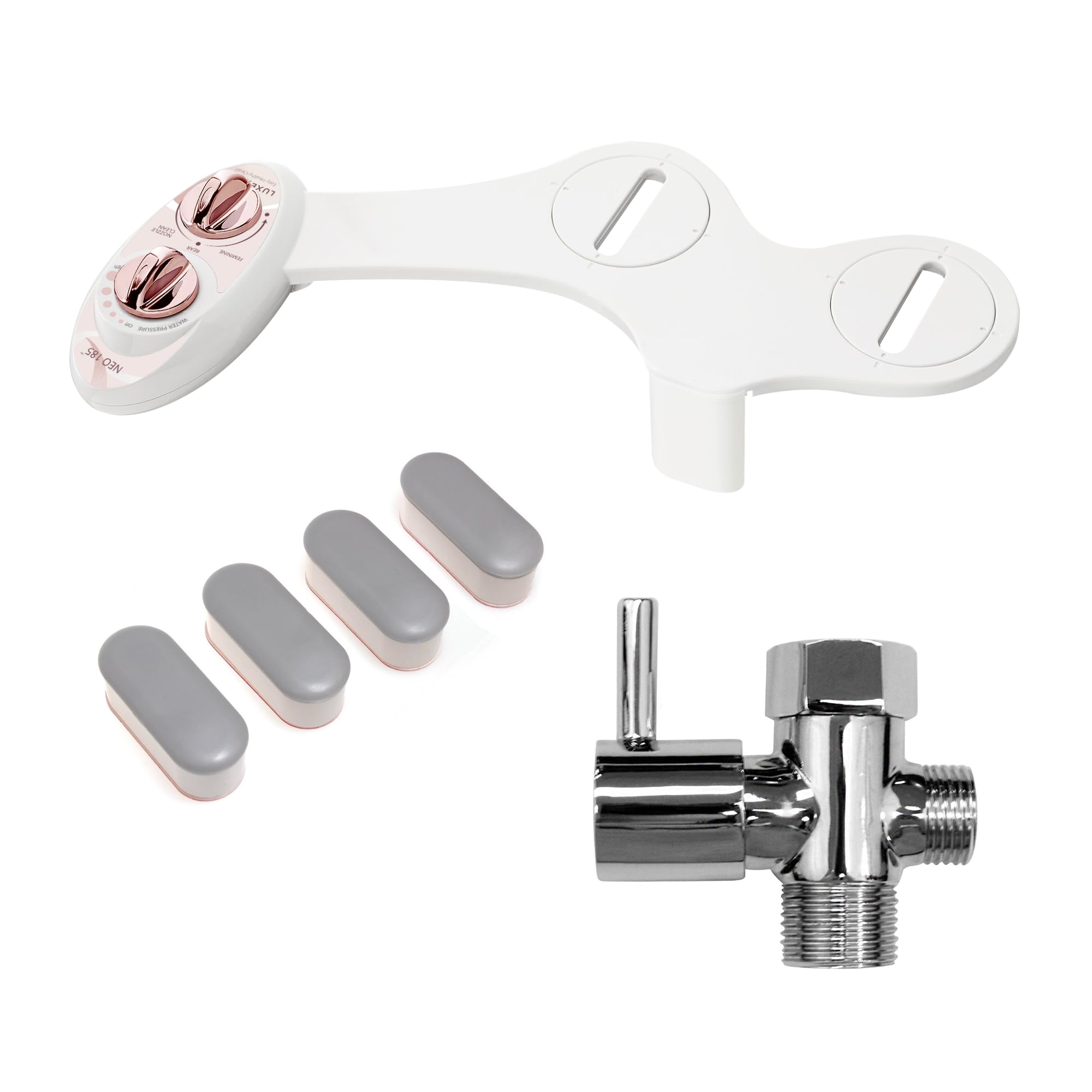 LUXE Bidet NEO 185 Rose Gold, Toilet Seat Bumpers, and Shut-Off T-Adapter Bundle