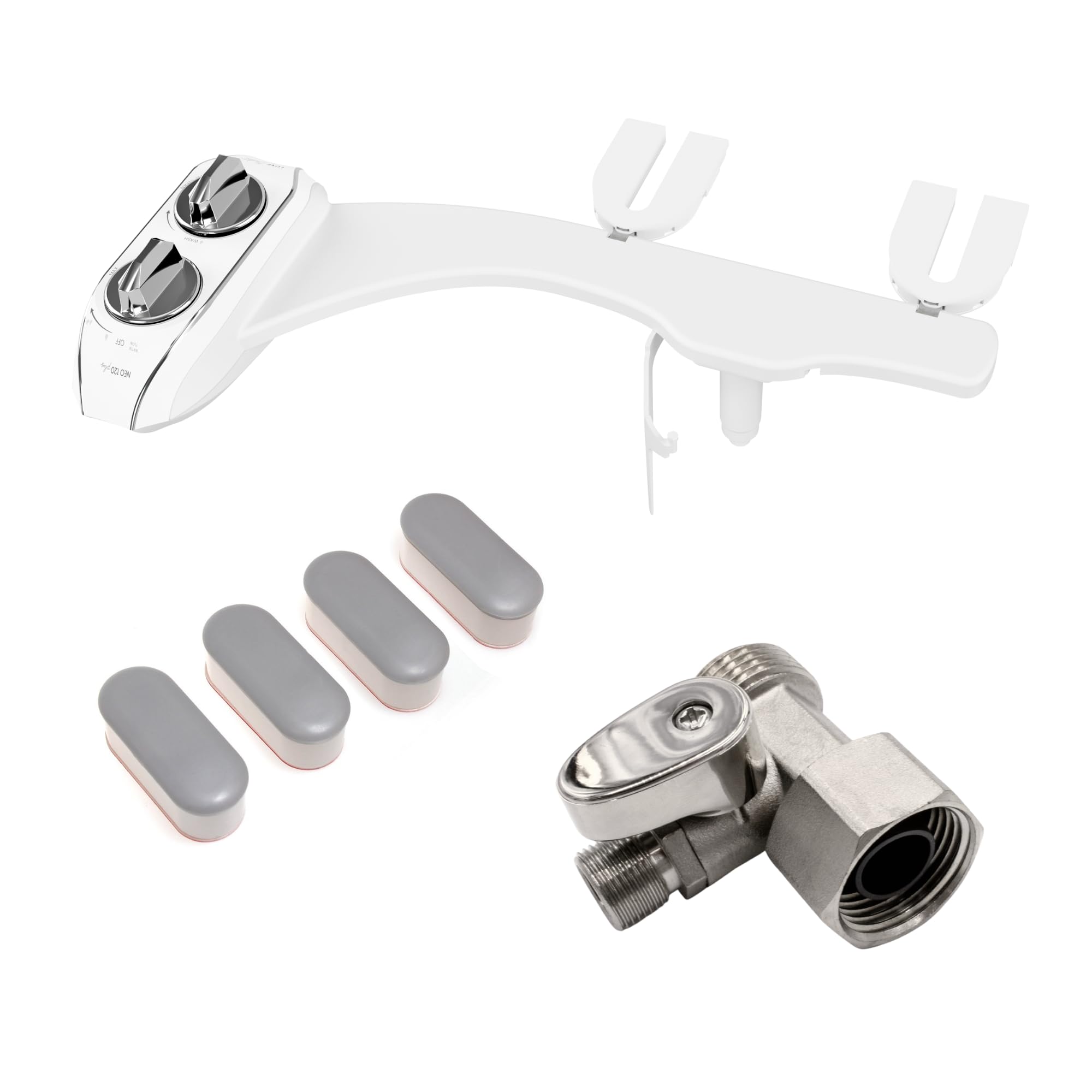 LUXE Bidet NEO Plus 120 Chrome, Toilet Seat Bumpers, and Shut-off T-Adapter Bundle