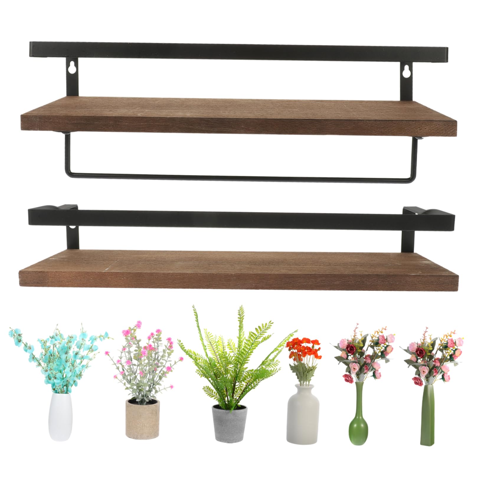 Cabilock 2pcs Metal Wall Kitchen Shelves Wooden Storage Shelf Wall Mounted Storage Rack Brown Wall-Mounted Shelf