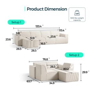 LINSY HOME Oversized Deep Modular Sectional Sofa, Cloud Couch L Shaped 4-Seat Sofa with Ottoman, Corduroy Sectional Couches for Living Room, No Assembly Required, Beige