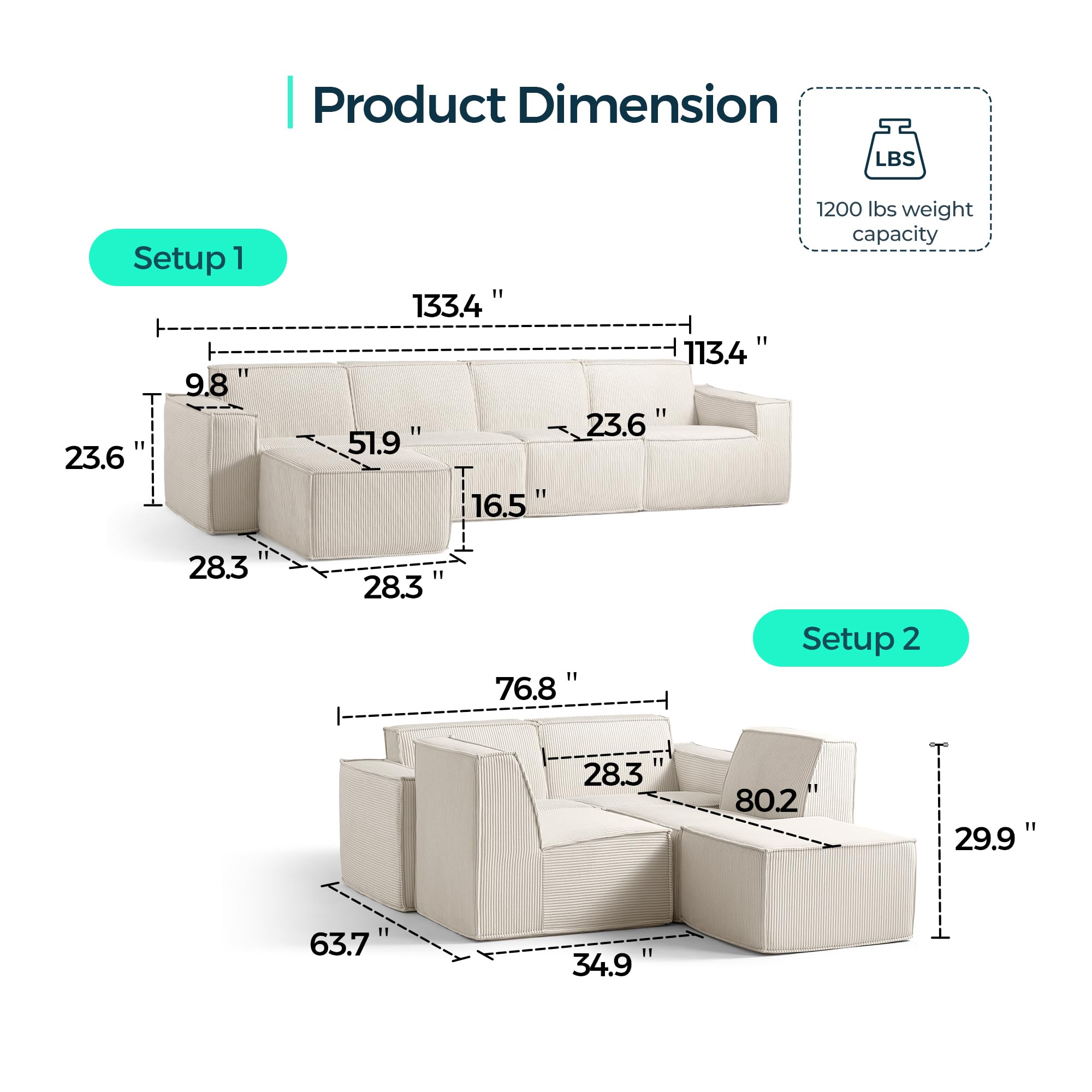 LINSY HOME Oversized Deep Modular Sectional Sofa, Cloud Couch L Shaped 4-Seat Sofa with Ottoman, Corduroy Sectional Couches for Living Room, No Assembly Required, Beige