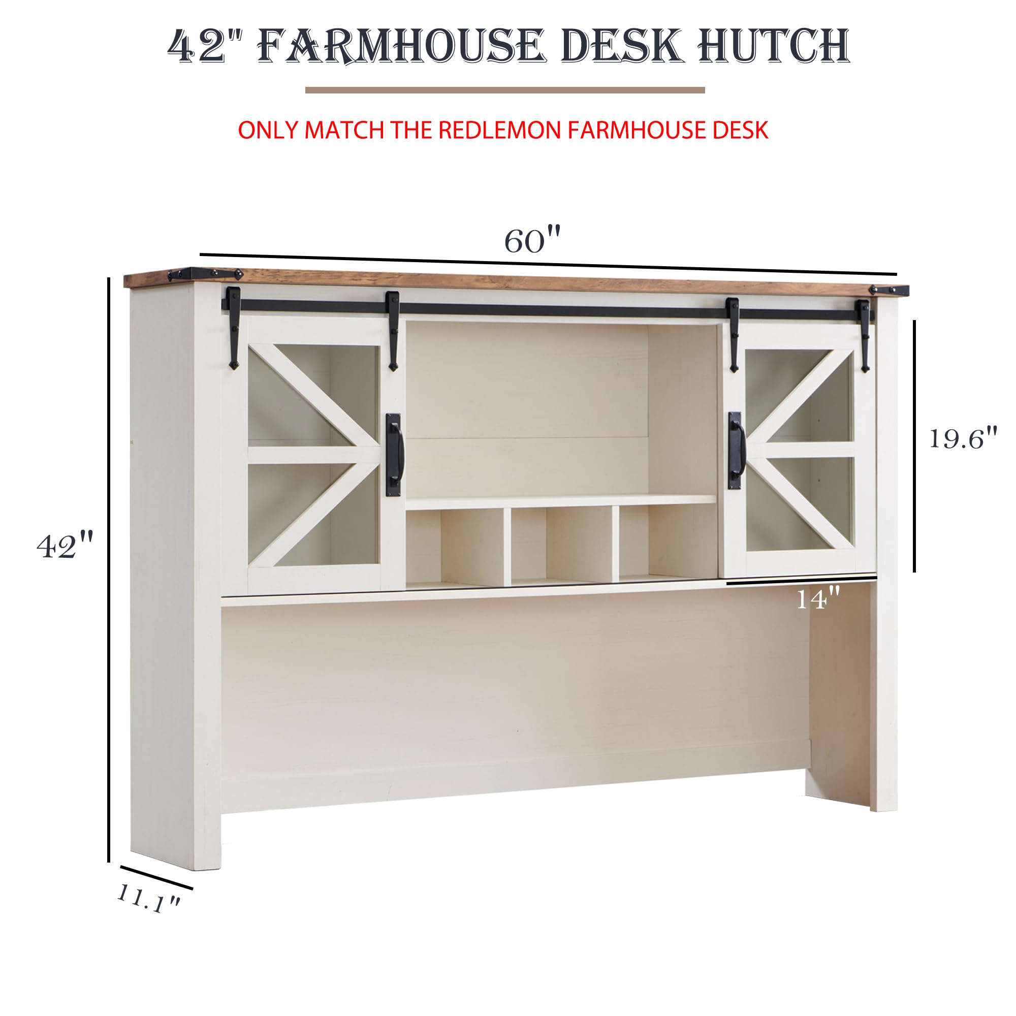 RedLemon 42" Farmhouse Desk Hutch with Sliding Barn Door and Ample Storage/Display Space, Only Match Farmhouse Desk (Antique White)